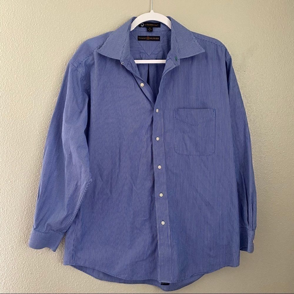 Large blue white stripped button up formal shirt